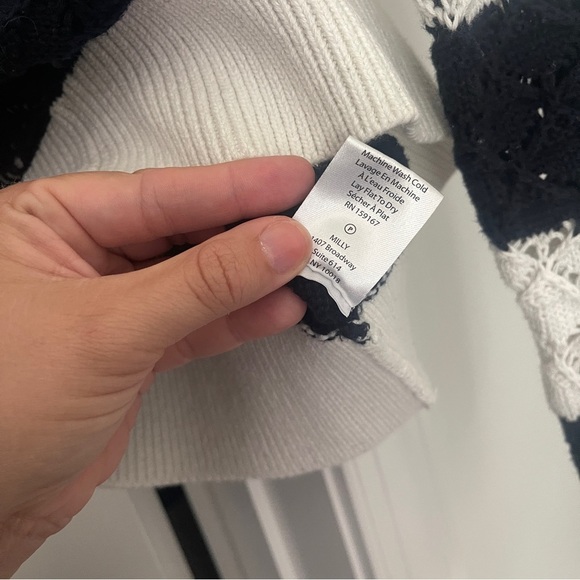 Milly STRIPED POINTELLE PULLOVER Open Knit Navy Blue Ecru Sweater - Picture 4 of 5